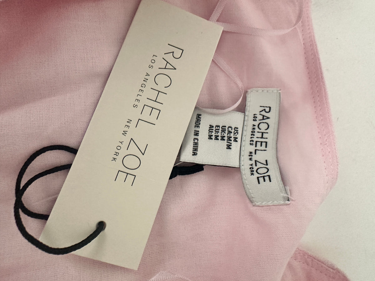Floral Border Puff-Sleeve Linen Dress - Pink - M