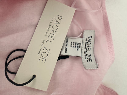Floral Border Puff-Sleeve Linen Dress - Pink - M