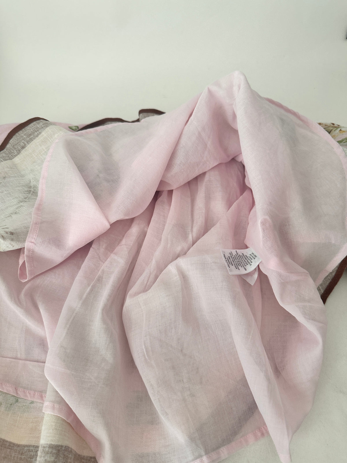 Floral Border Puff-Sleeve Linen Dress - Pink - M