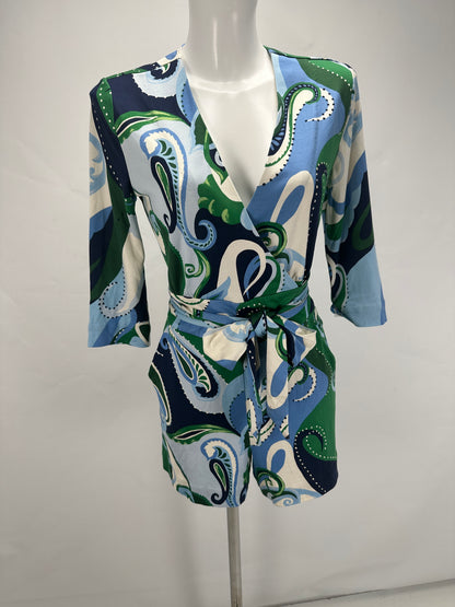 Silk Print Jumpsuit - Blue/Green/White - L