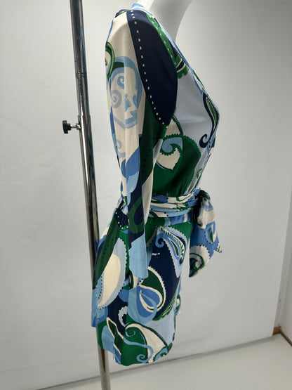 Silk Print Jumpsuit - Blue/Green/White - L