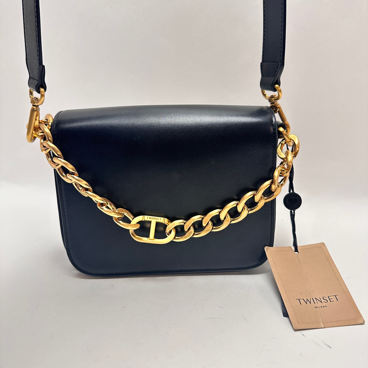 Leather Crossbody Bag with Chain Detail - Black