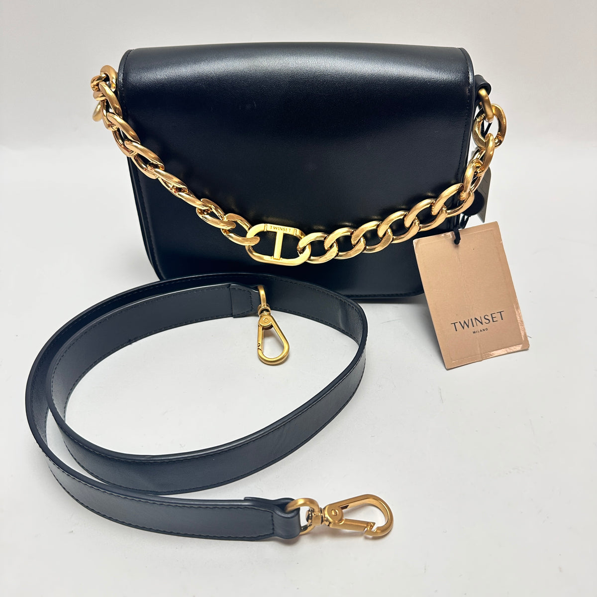 Leather Crossbody Bag with Chain Detail - Black