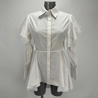 Hun's Pick - Ruffle Poplin Shirt Dress - White - XS-S