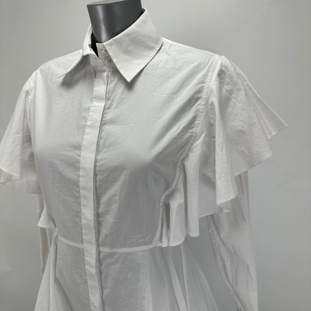 Hun's Pick - Ruffle Poplin Shirt Dress - White - XS-S