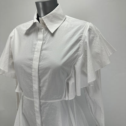 Hun's Pick - Ruffle Poplin Shirt Dress - White - XS-S
