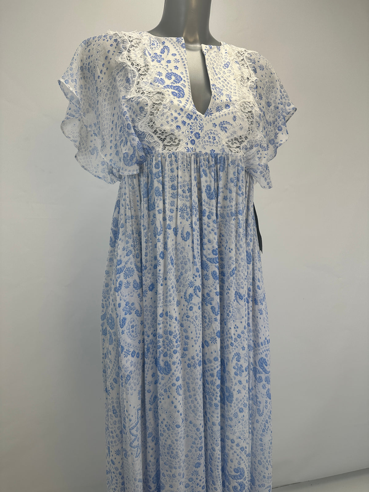 Empire-Waist Lace Dress - White/Blue - XS