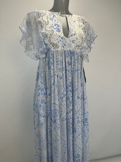 Empire-Waist Lace Dress - White/Blue - XS