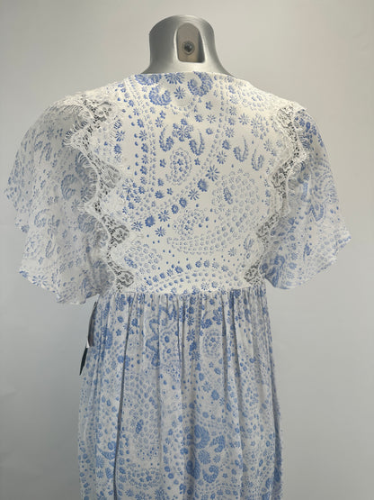 Empire-Waist Lace Dress - White/Blue - XS