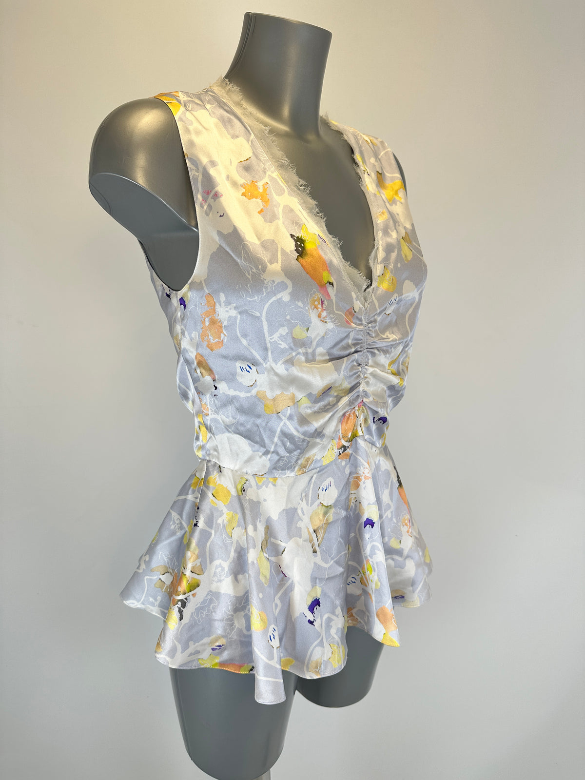 Fringed V-Neck Silk Top - Silver Gray - M