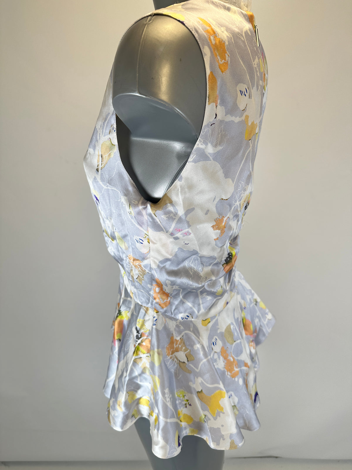 Fringed V-Neck Silk Top - Silver Gray - M