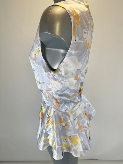 Fringed V-Neck Silk Top - Silver Gray - M