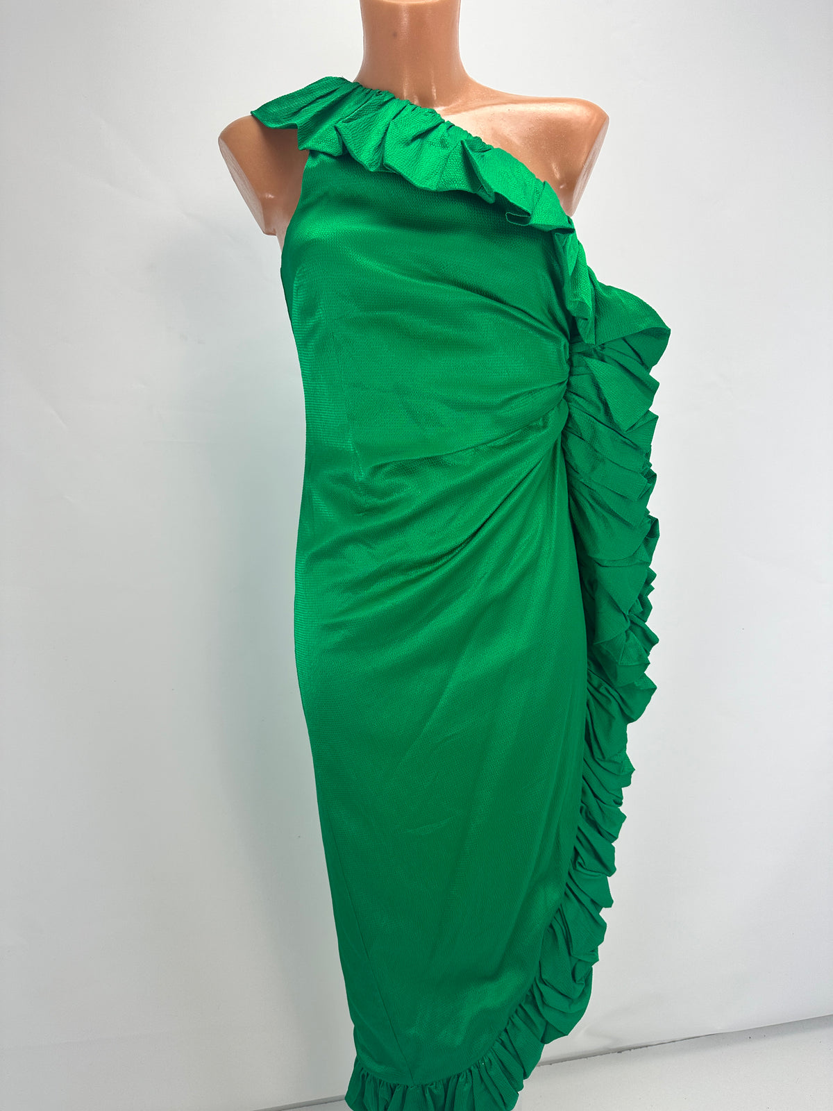 Asymmetric-Shoulder Sash Dress - Green - XS