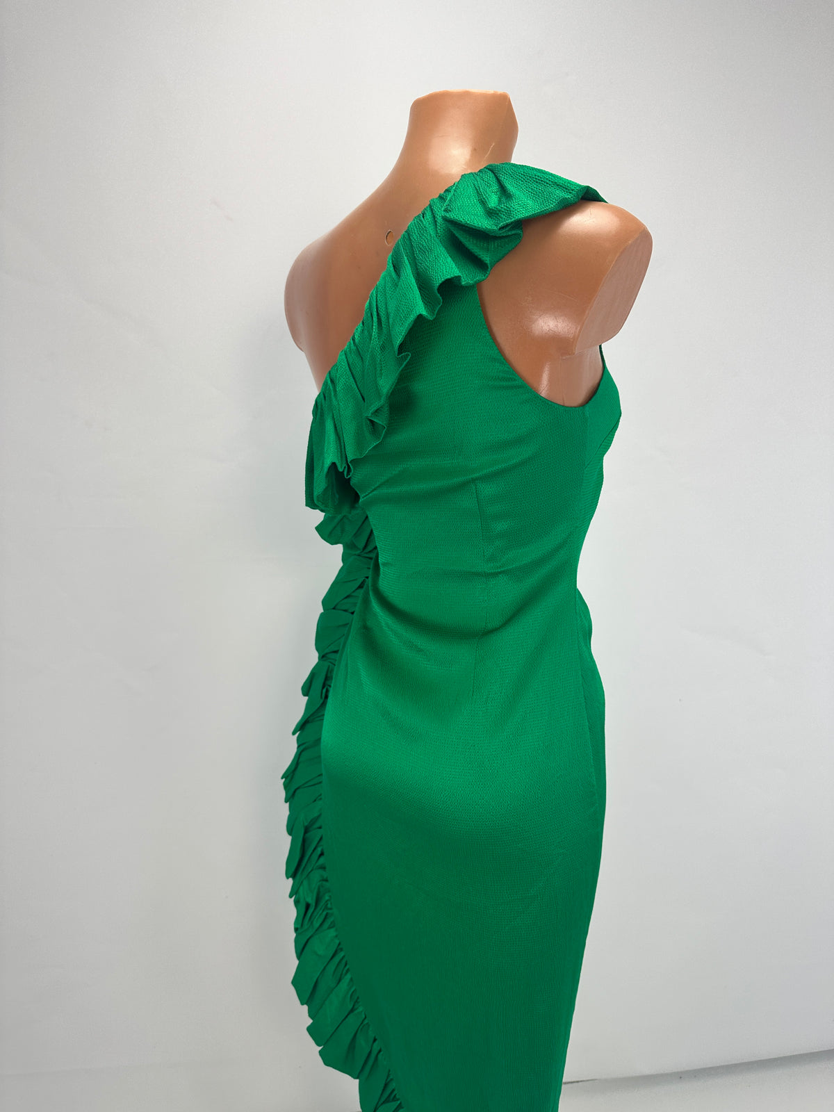Asymmetric-Shoulder Sash Dress - Green - XS
