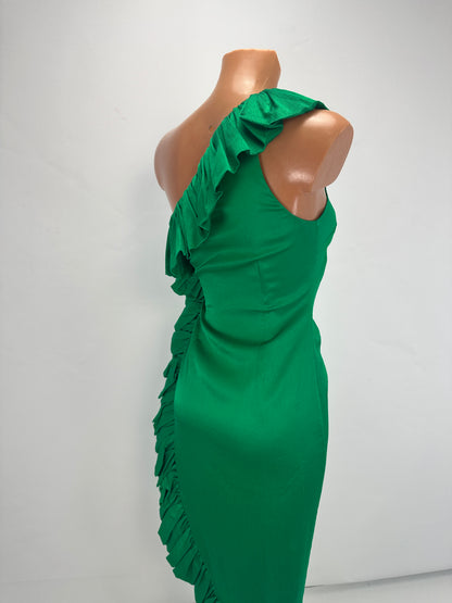 Asymmetric-Shoulder Sash Dress - Green - XS