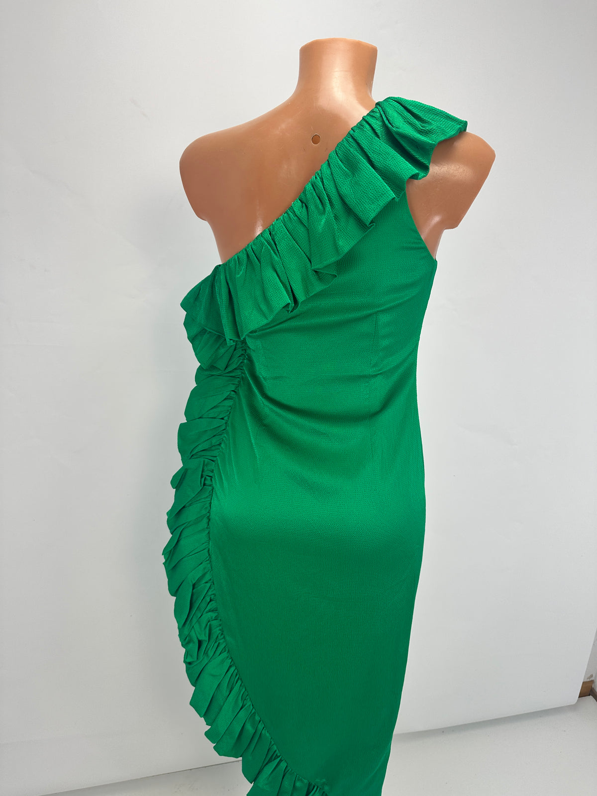 Asymmetric-Shoulder Sash Dress - Green - XS