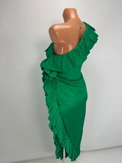 Asymmetric-Shoulder Sash Dress - Green - XS