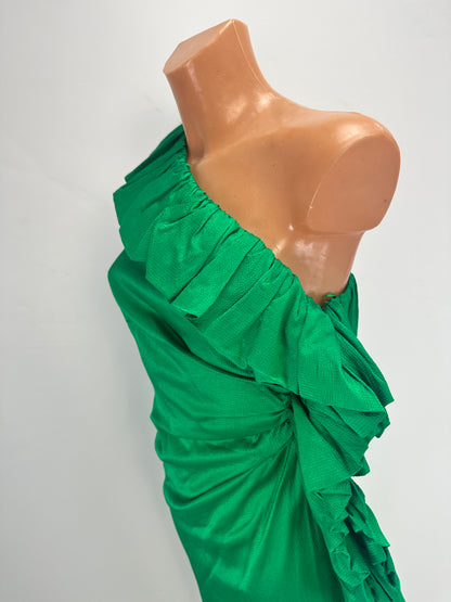 Asymmetric-Shoulder Sash Dress - Green - XS