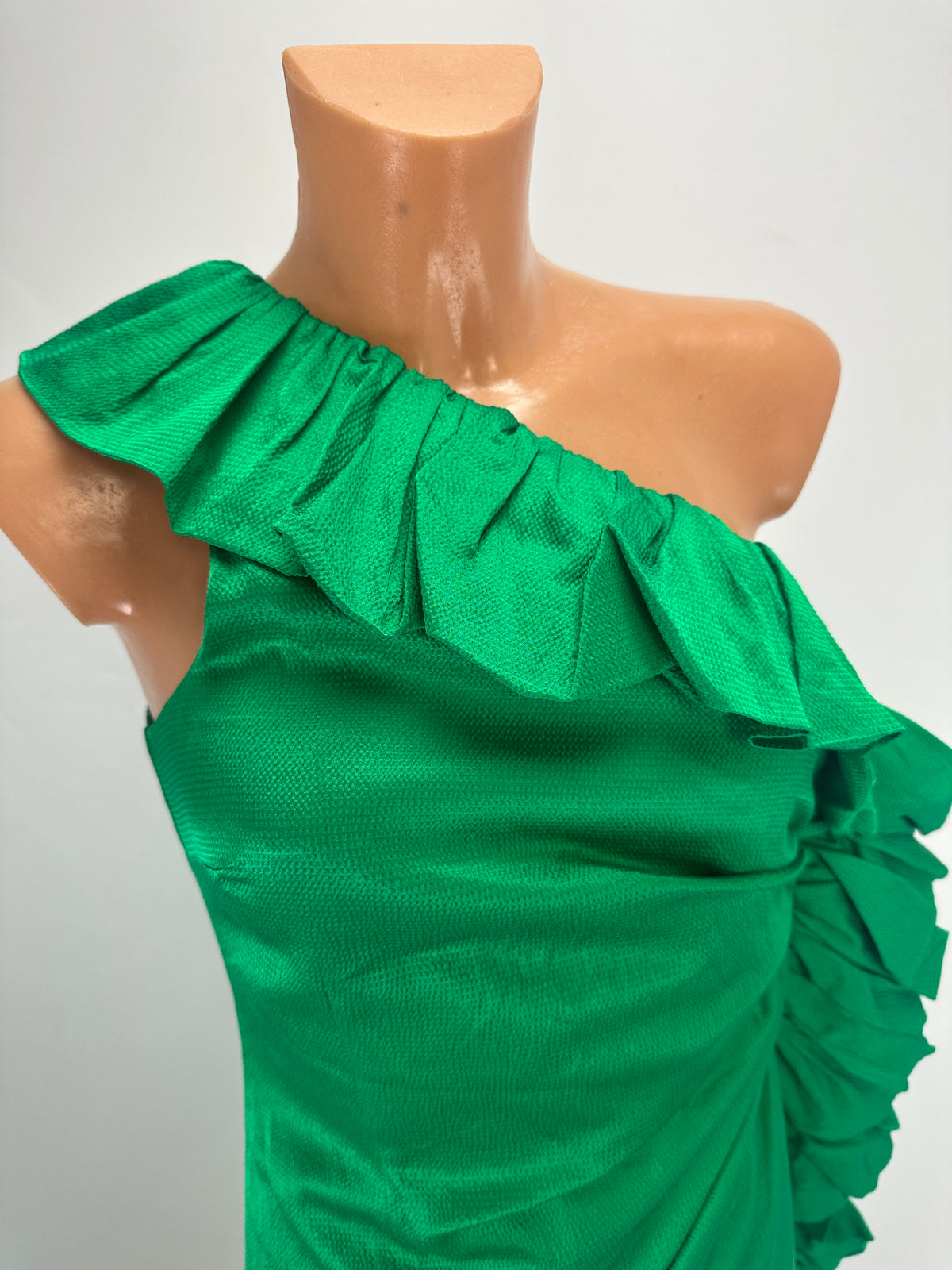Asymmetric-Shoulder Sash Dress - Green - XS