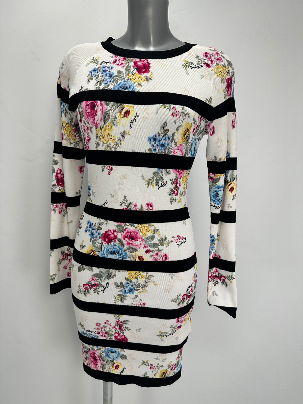 Striped Floral Dress - White Black - M