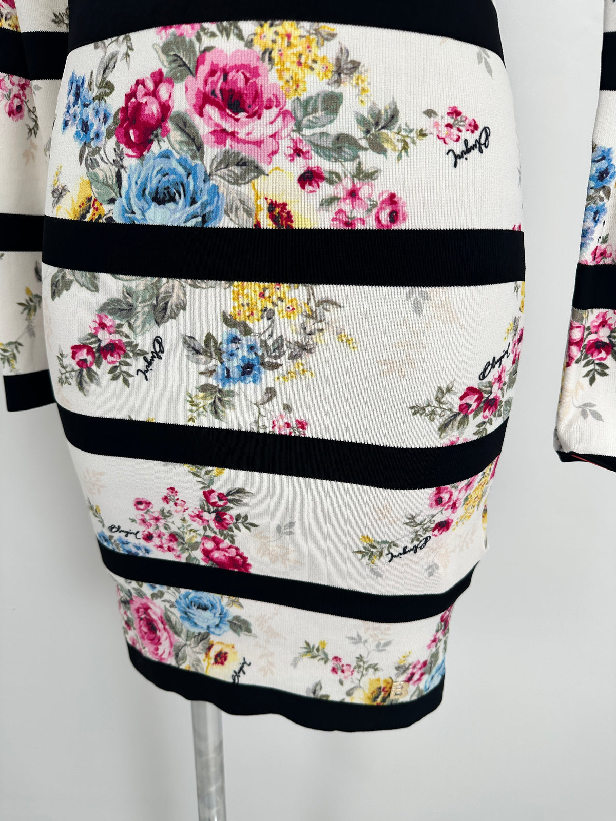 Striped Floral Dress - White Black - M