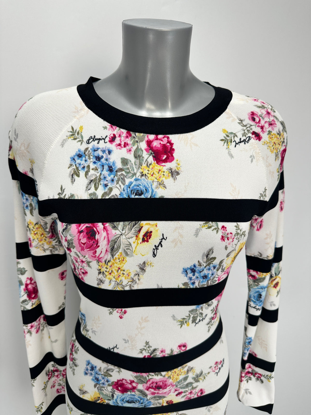 Striped Floral Dress - White Black - M