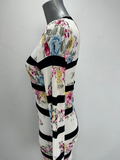 Striped Floral Dress - White Black - M