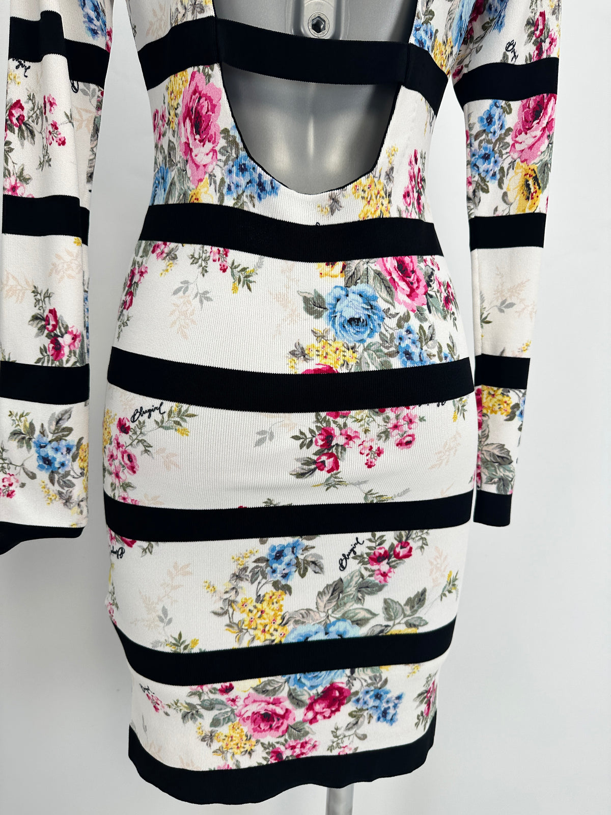 Striped Floral Dress - White Black - M