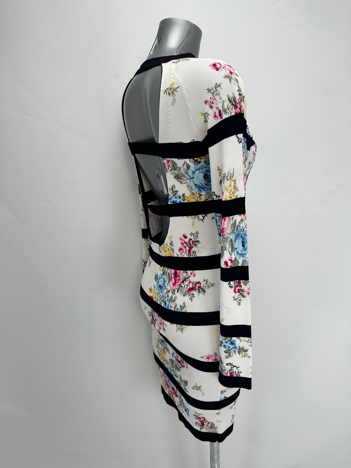 Striped Floral Dress - White Black - M