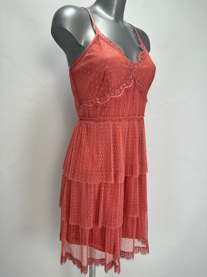 Tiered Pleated Dress - Red - XS