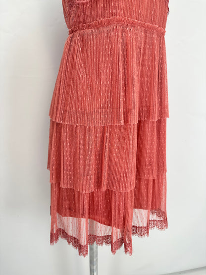 Tiered Pleated Dress - Red - XS