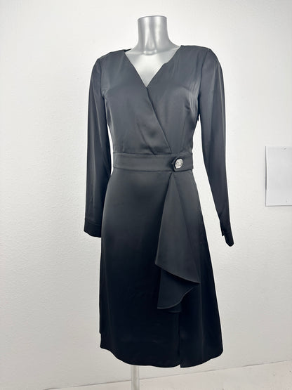 Seal Button Satin Dress - Black - S
