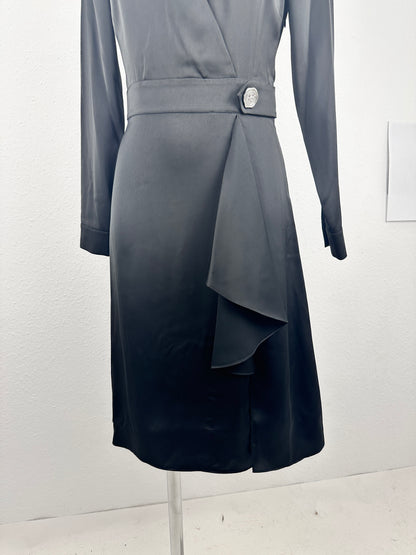 Seal Button Satin Dress - Black - S