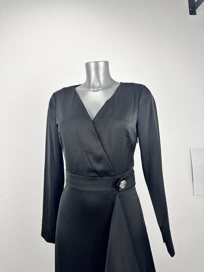 Seal Button Satin Dress - Black - S