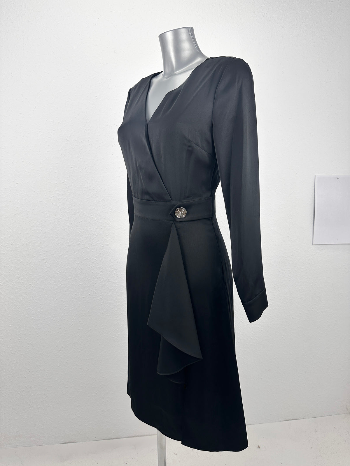 Seal Button Satin Dress - Black - S