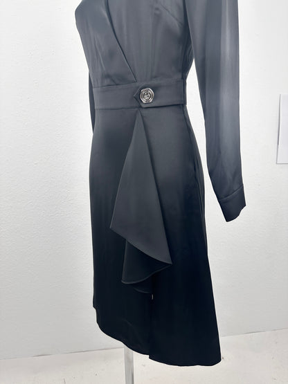 Seal Button Satin Dress - Black - S
