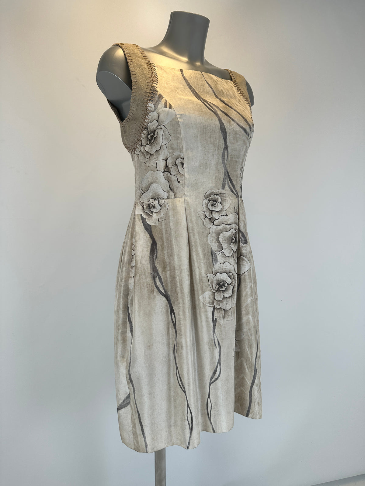 Silk Dress - Floral Print Beige - S
