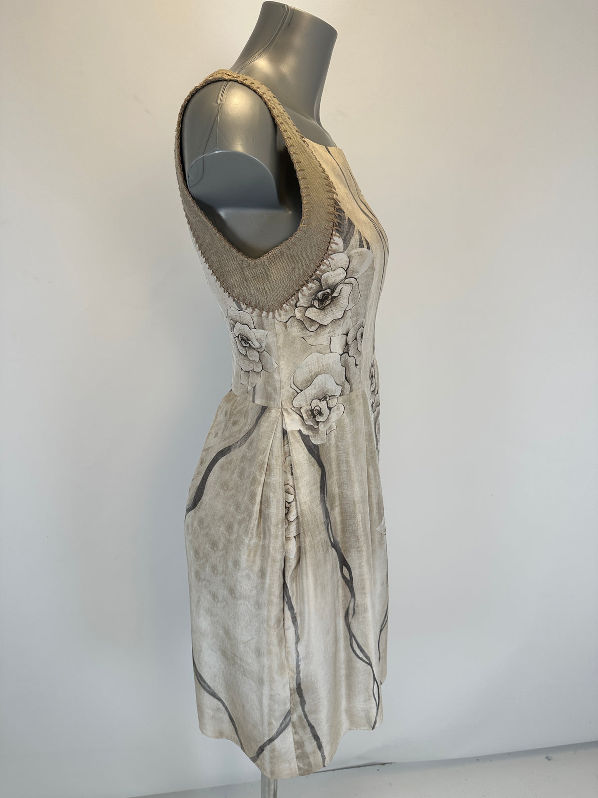 Silk Dress - Floral Print Beige - S