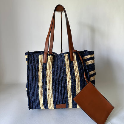Wilow Paperstraw Tote - Blue/Beige