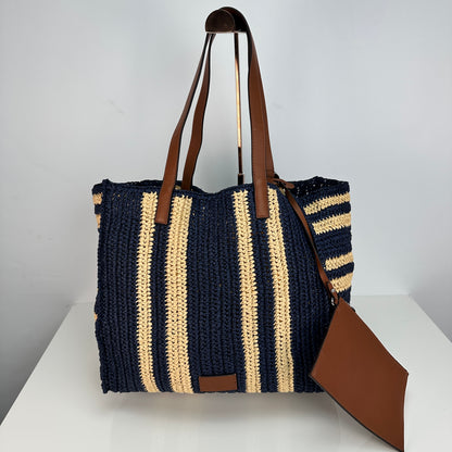 Wilow Paperstraw Tote - Blue/Beige