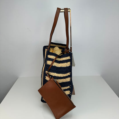 Wilow Paperstraw Tote - Blue/Beige