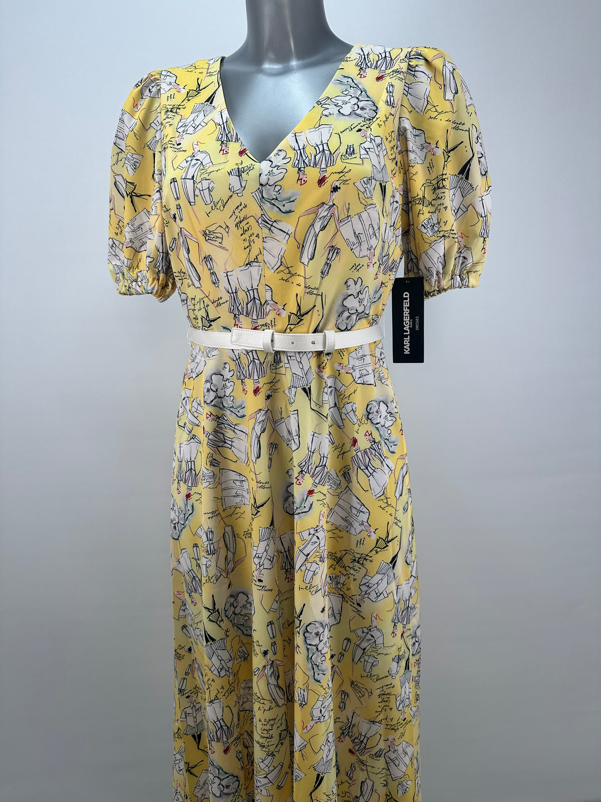 Sketch Print Belted Maxi Dress - Yellow - S-M